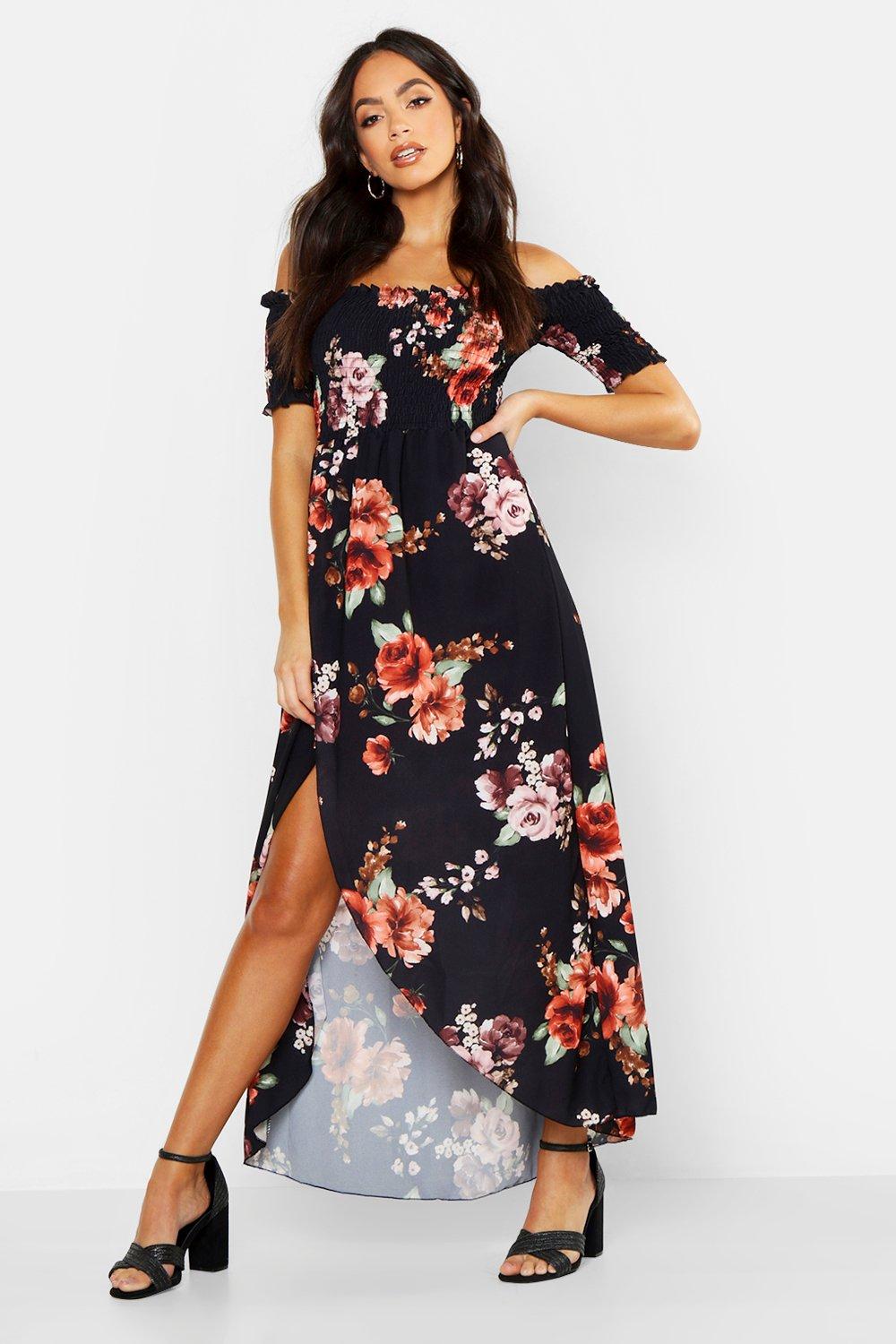 boohoo off the shoulder maxi dress