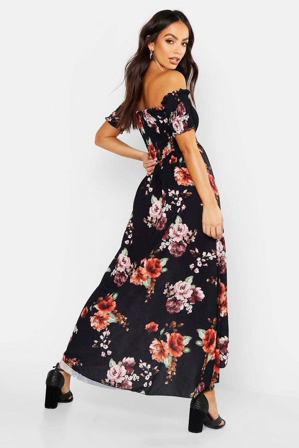 black floral dress off the shoulder