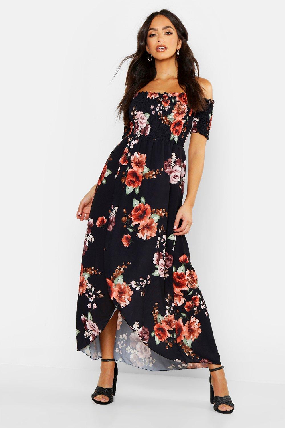 boohoo floral off the shoulder dress