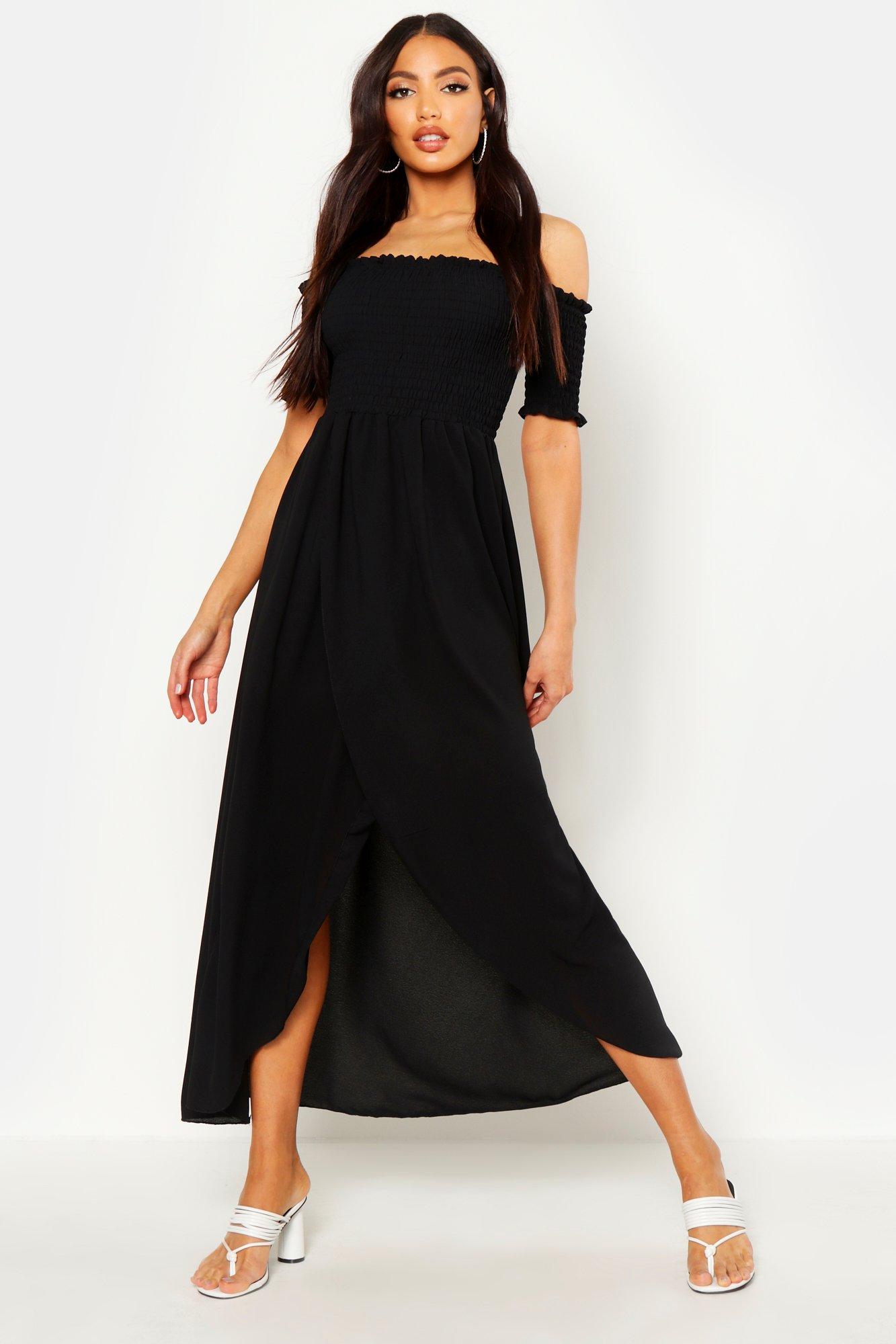 black shirred maxi dress