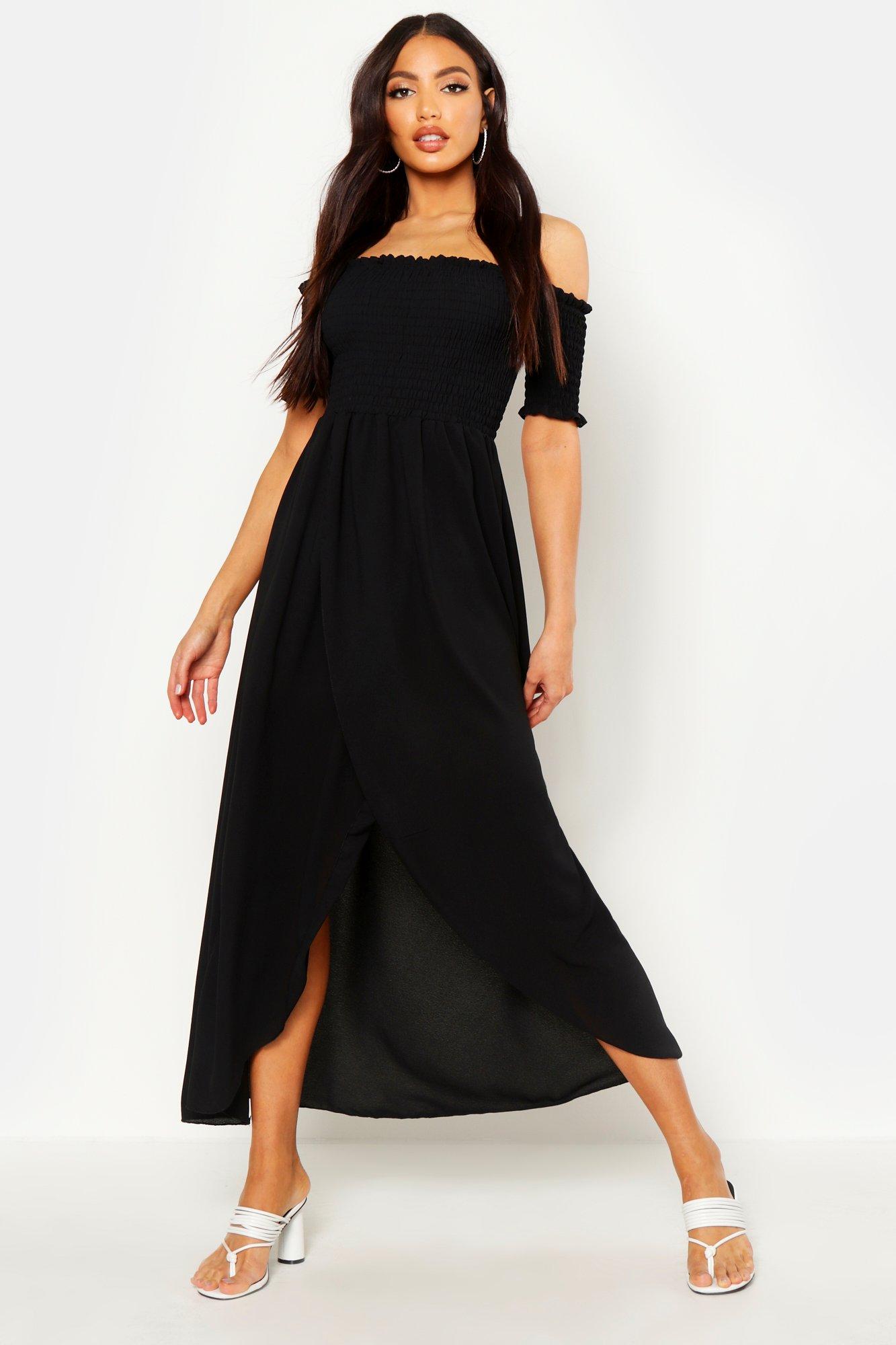 boohoo off the shoulder maxi dress