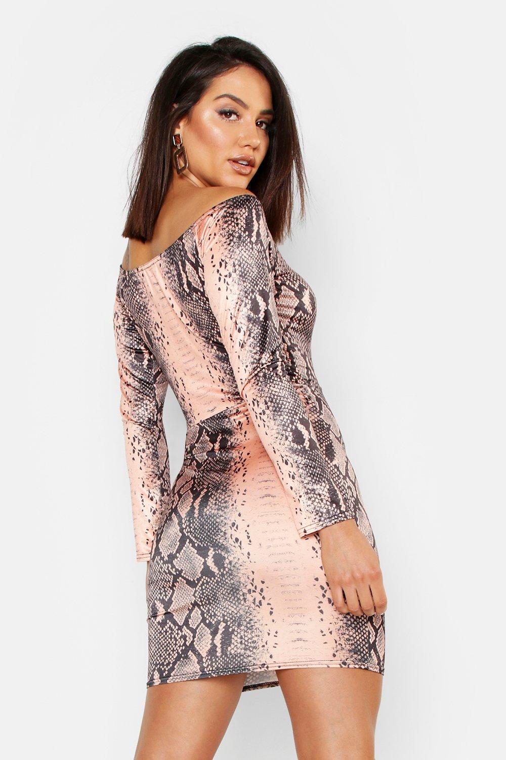 off the shoulder snake print dress