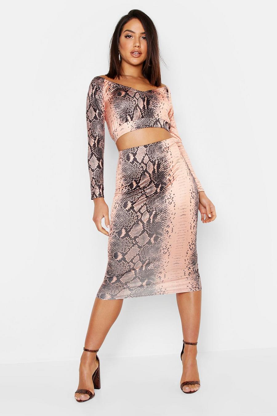 Snake Print Slinky Ruched Midi Skirt image number 1