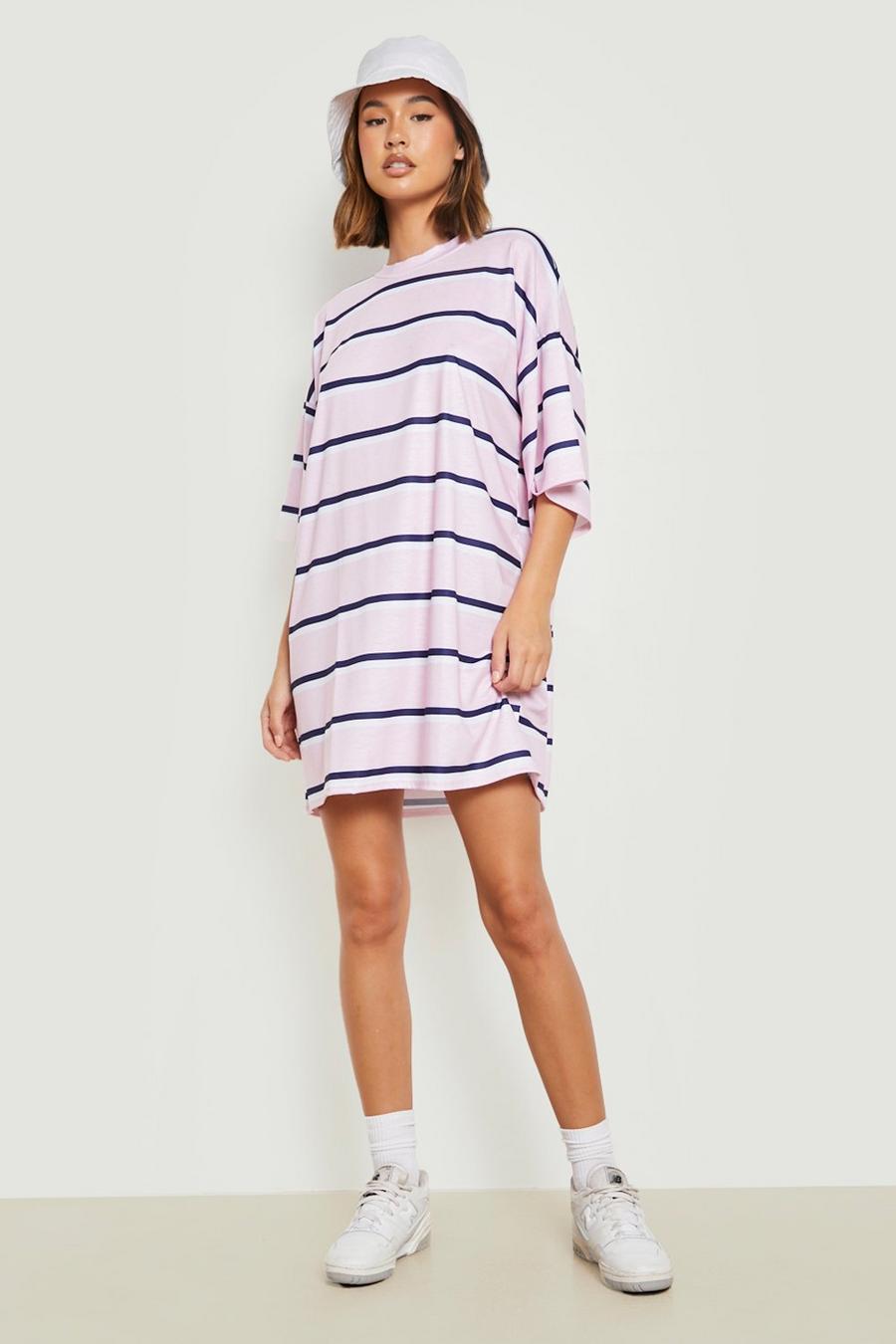 Pink Oversized Stripe T-Shirt Dress image number 1