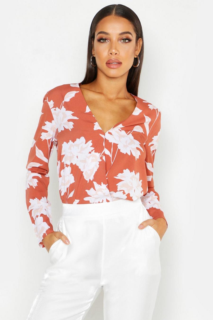 Terracotta Floral Printed Wrap Front Blouse image number 1