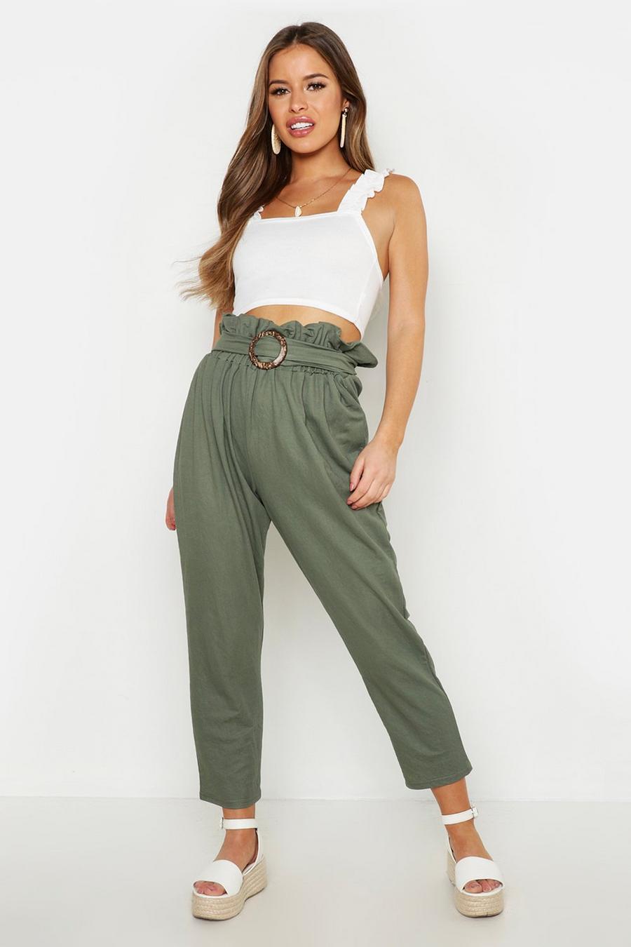 Petite Linen Look Belted Tapered Pants image number 1
