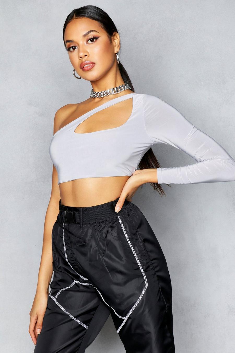 One Shoulder Long Sleeve Cut Out Crop Top image number 1