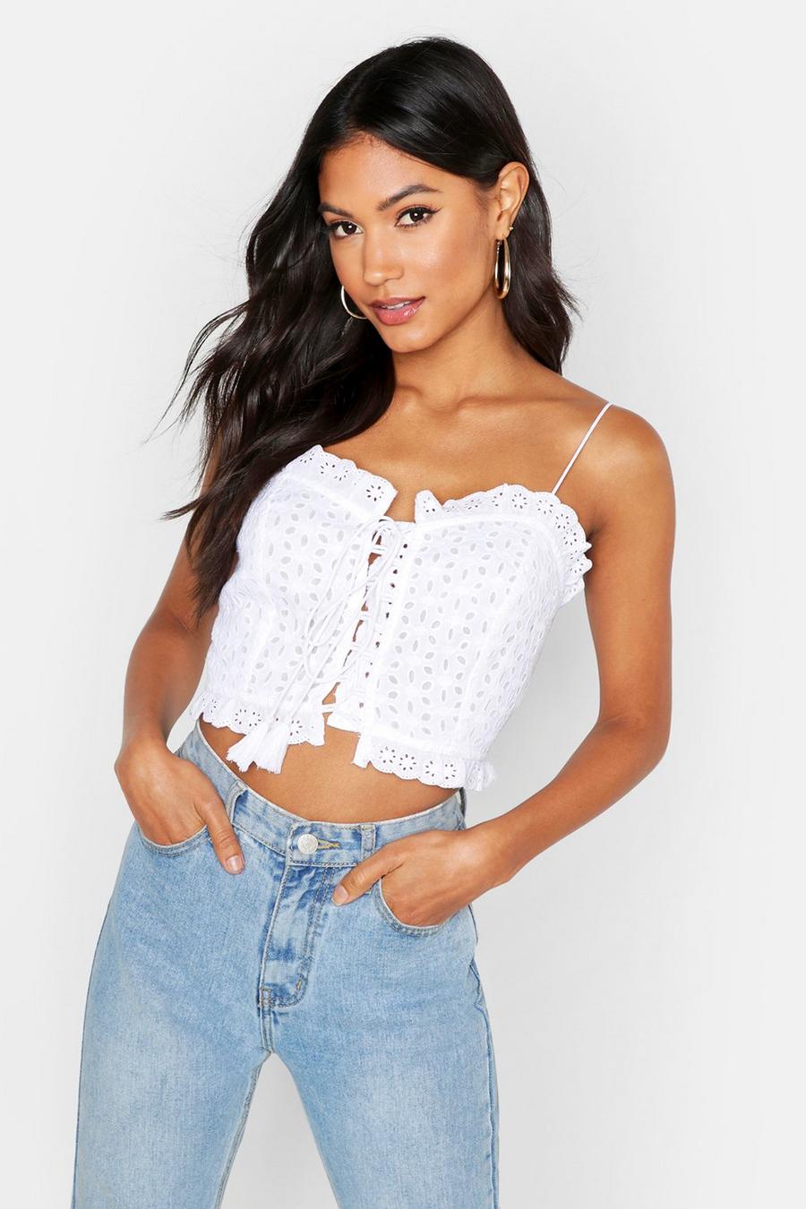 Ivory Lace Up Broderie Anglaise Sweet Heart Bralet image number 1