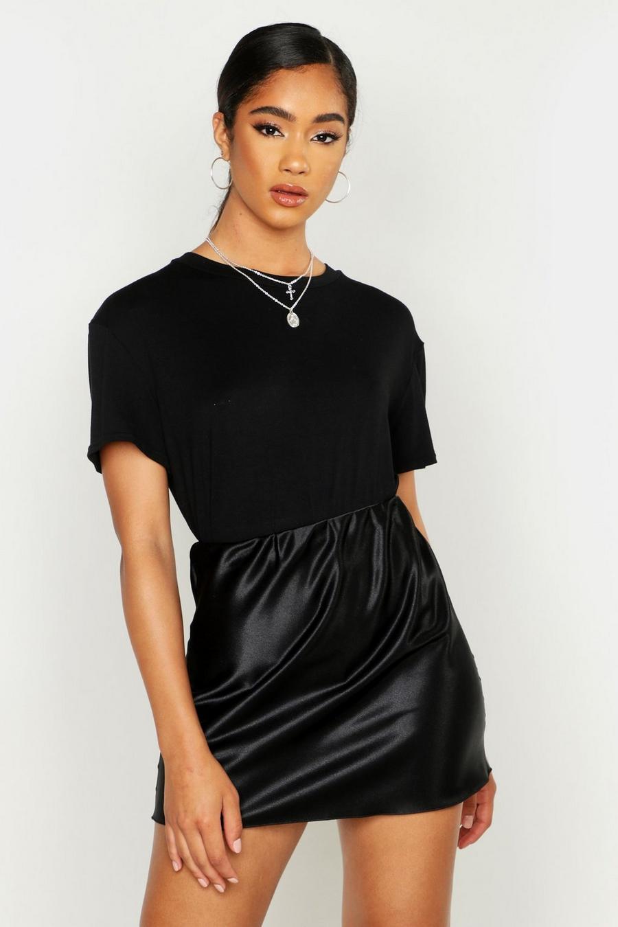 Black schwarz Plain Satin Bias Mini Skirt image number 1
