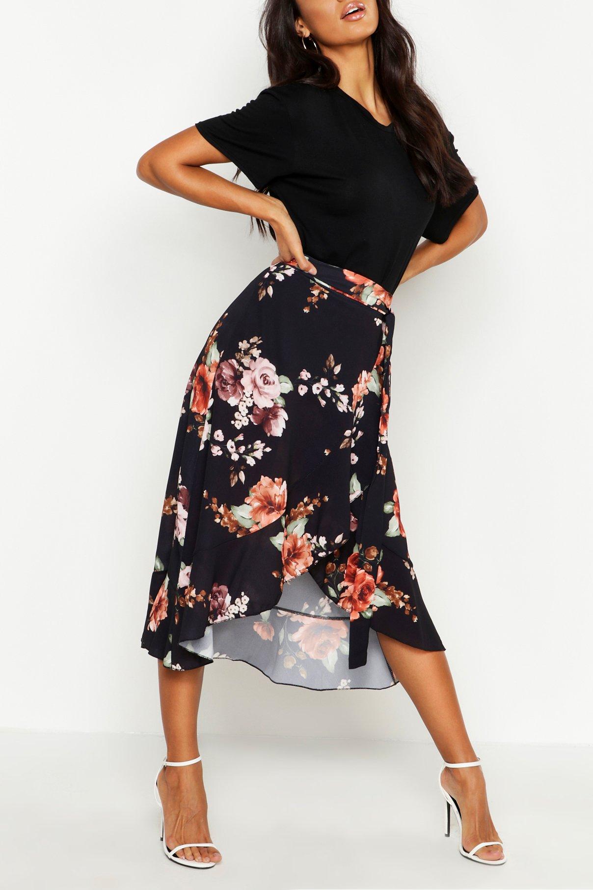 Volant Midirock Im Wickeldesign Mit Blumen Print Boohoo