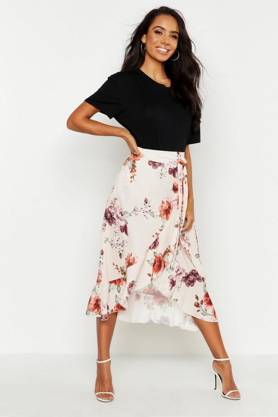 Stone Floral Wrap Ruffle Midi Skirt image number 1
