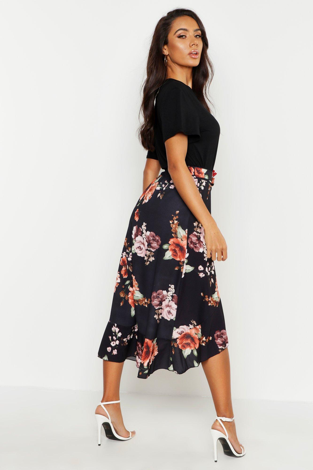 Floral Wrap Ruffle Midi Skirt