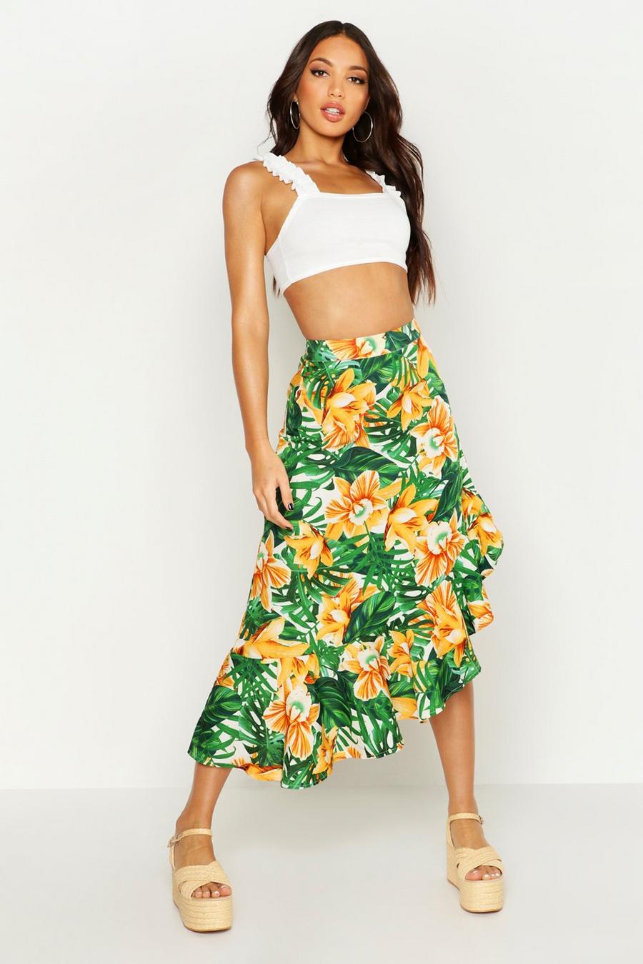 Ruffle Side Dip Hem Tropical Print Maxi Skirt image number 1