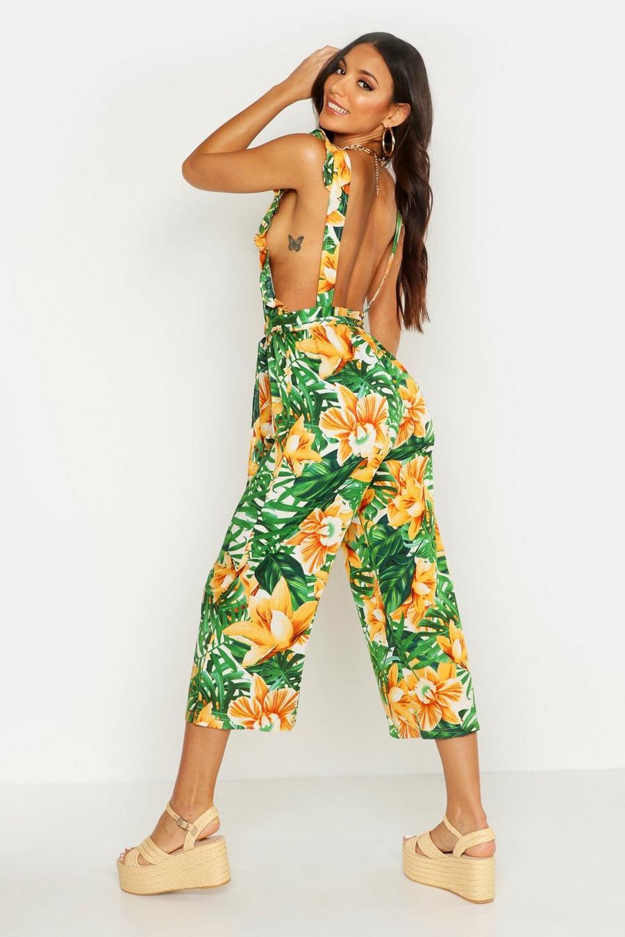 Ruffle Open Back Tropical Print Jumpsuit image number 1