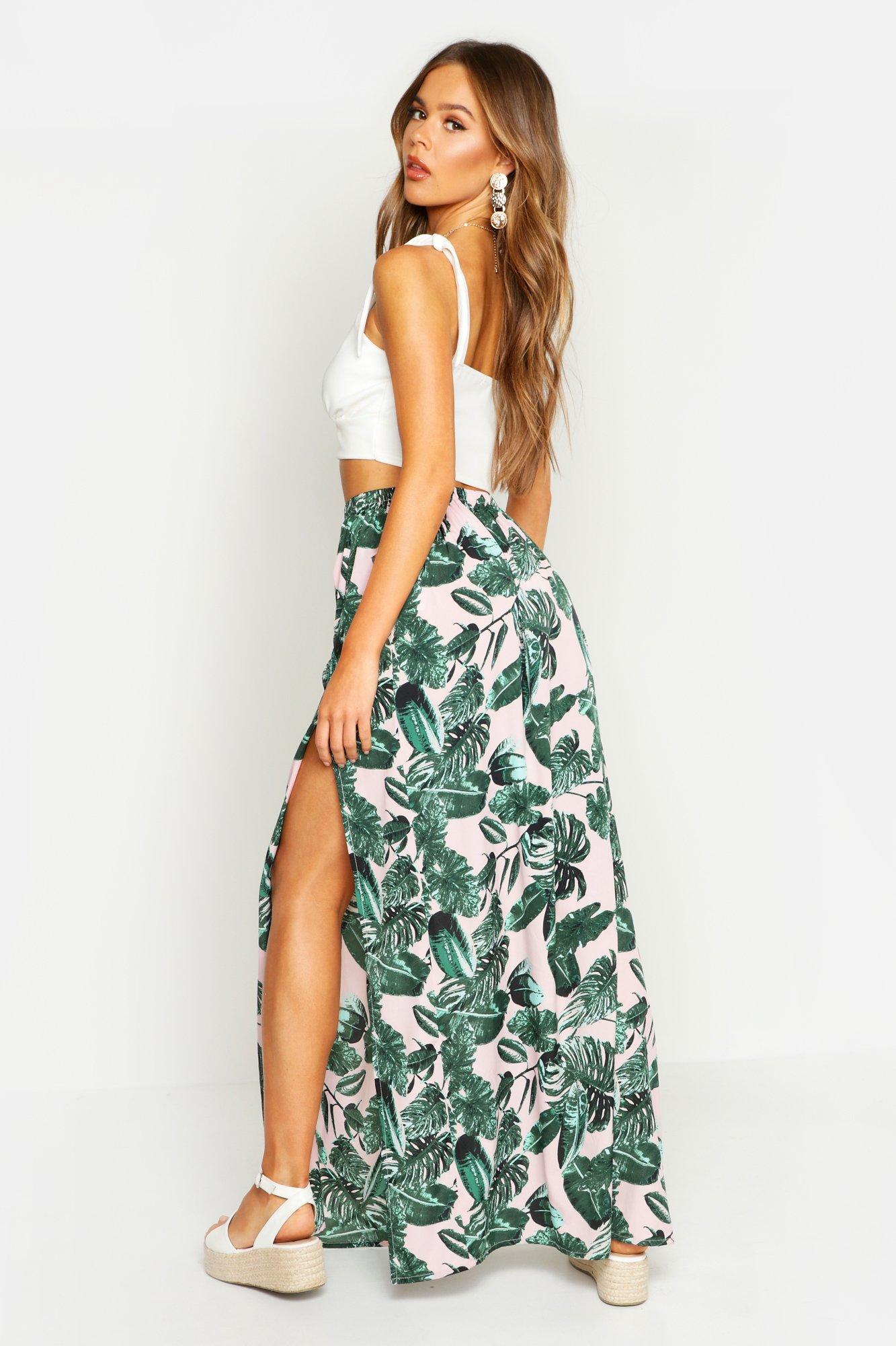 Leaf print backless cami top & split maxi skirt set sale