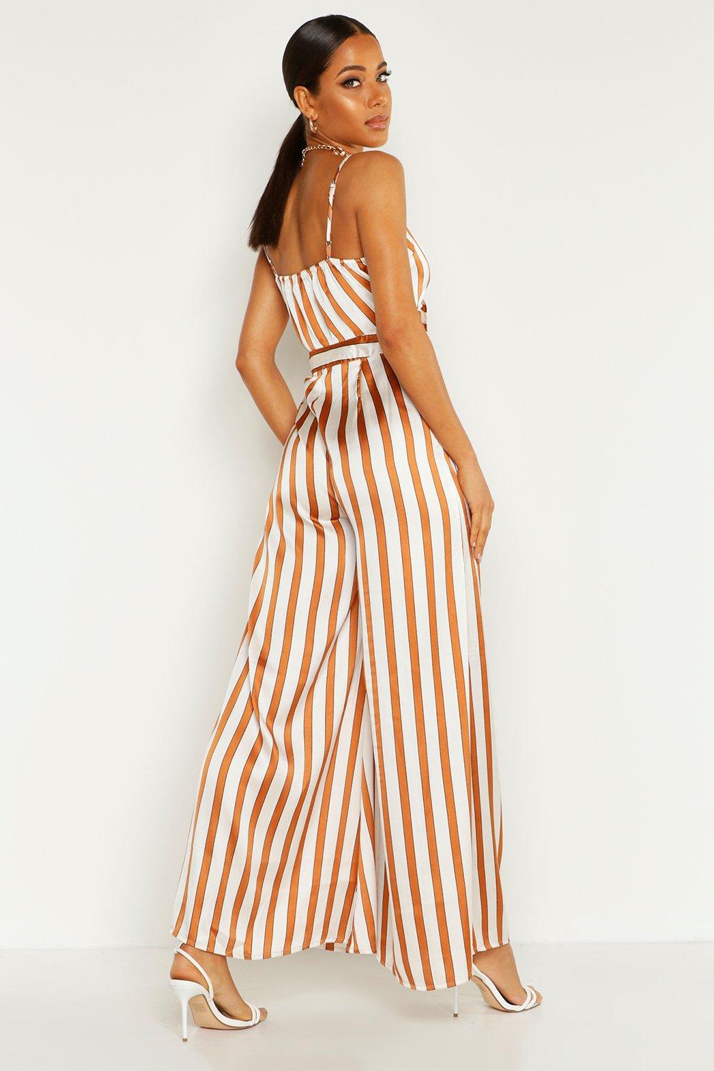 Knot Front Tonal Stripe Culotte Jumpsuit boohoo USA