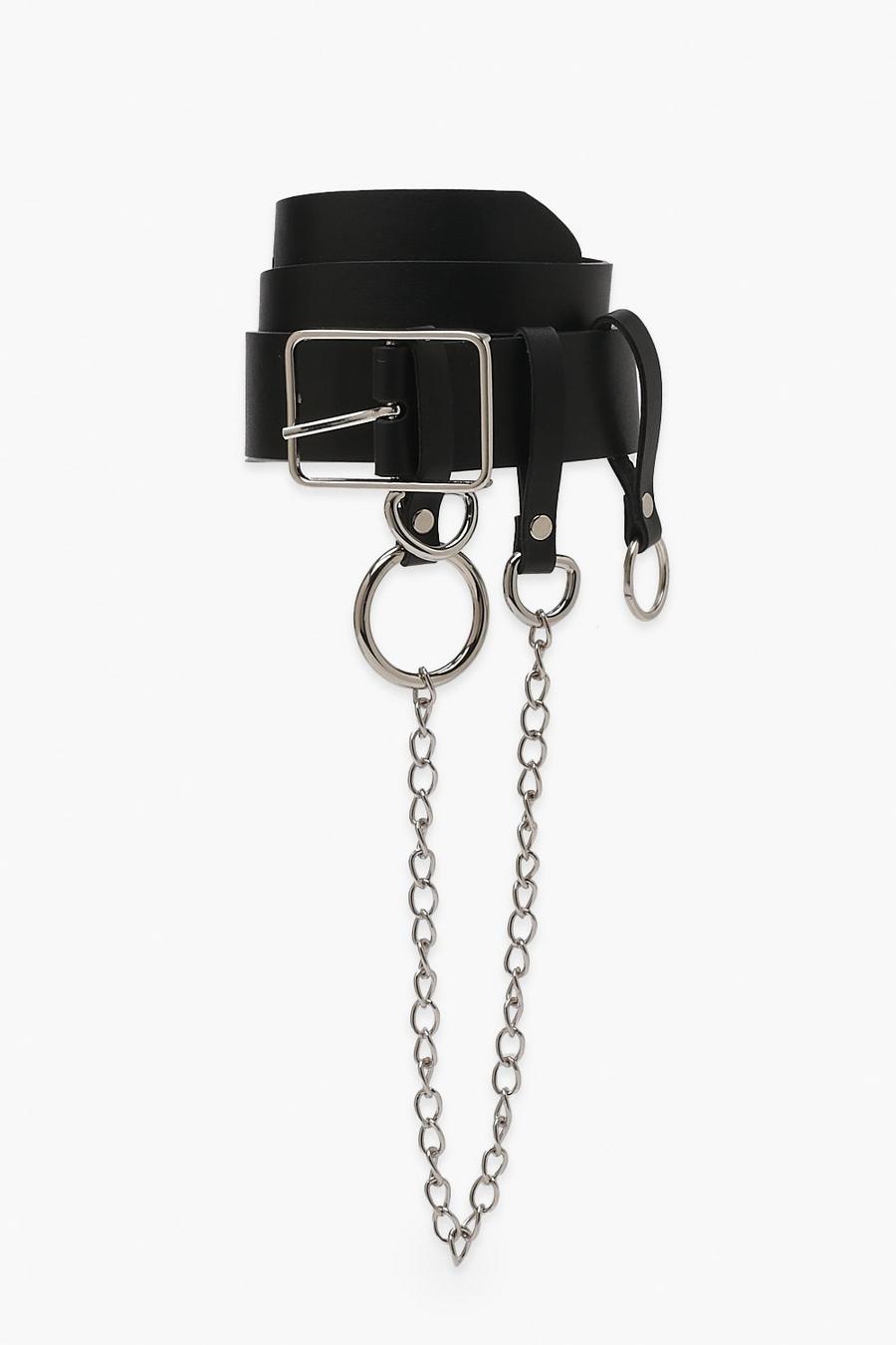 Cintura con fibbia quadrata e catena, Nero image number 1