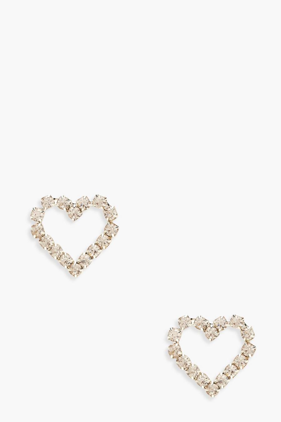 Silver argent Diamante Heart Stud Earrings