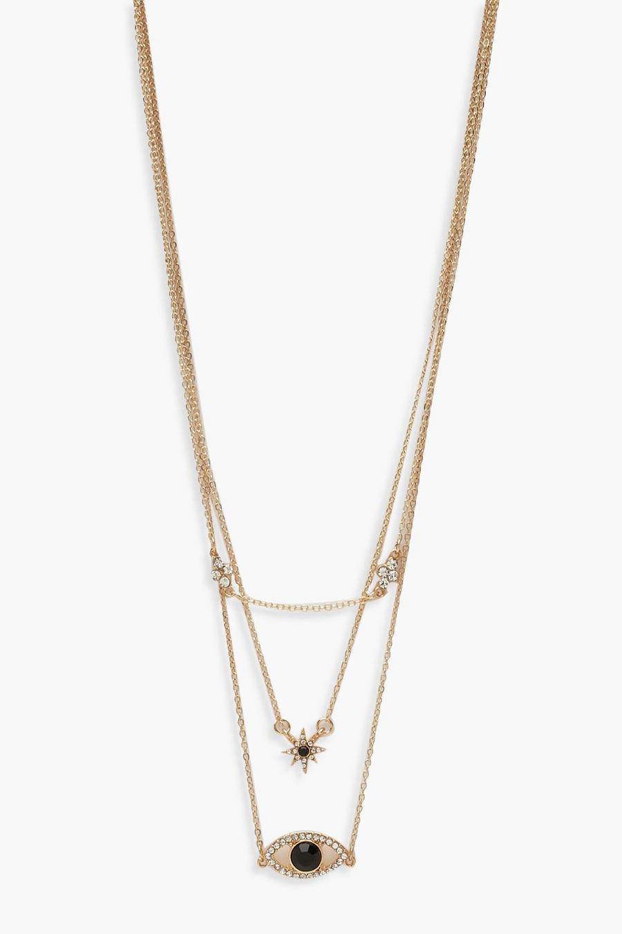 Zarte Mehrreihige Halskette mit Auge und Stern mit Strass, Gold image number 1