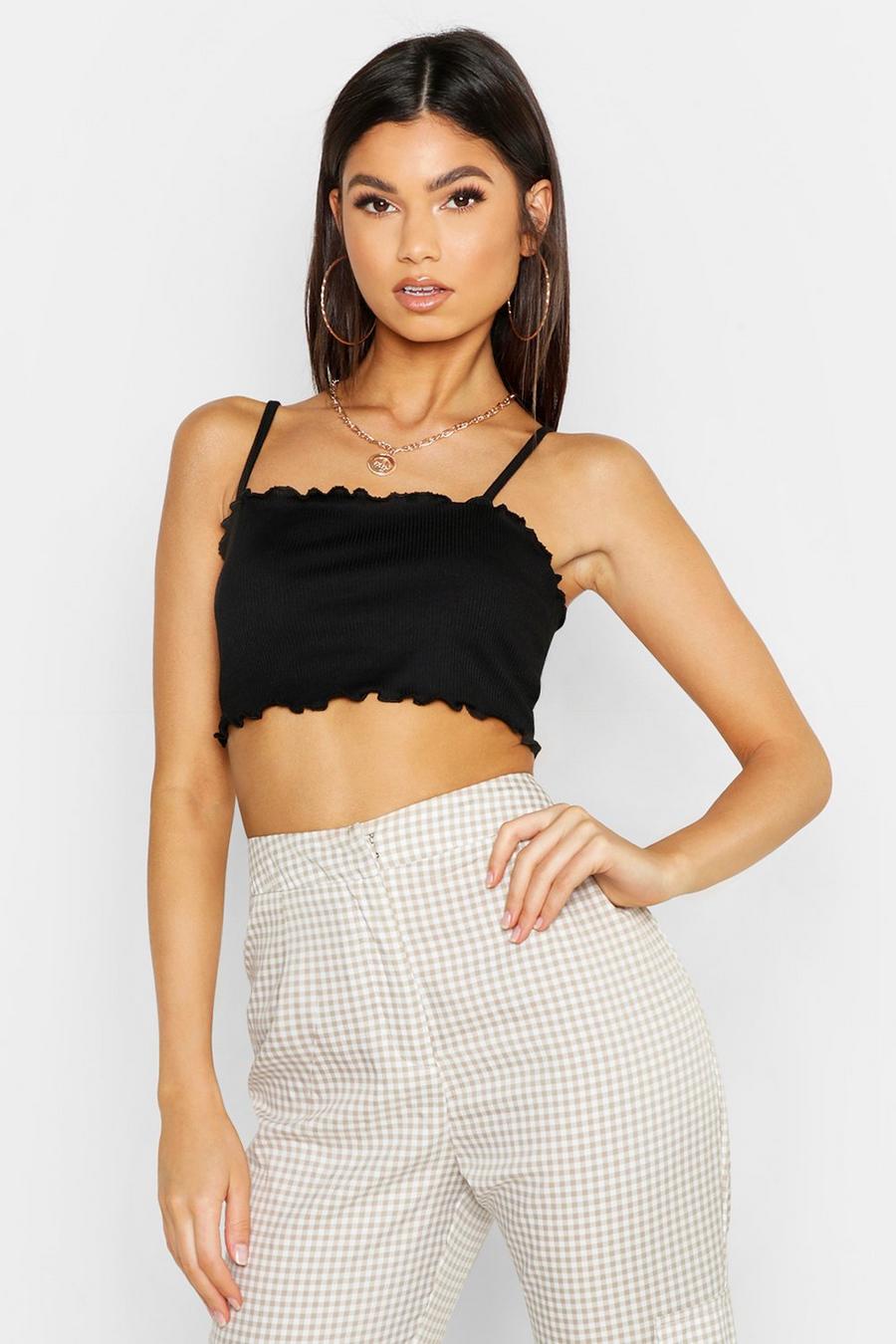 Basic Bralette aus Ripp mit Rüschensaum, Schwarz image number 1