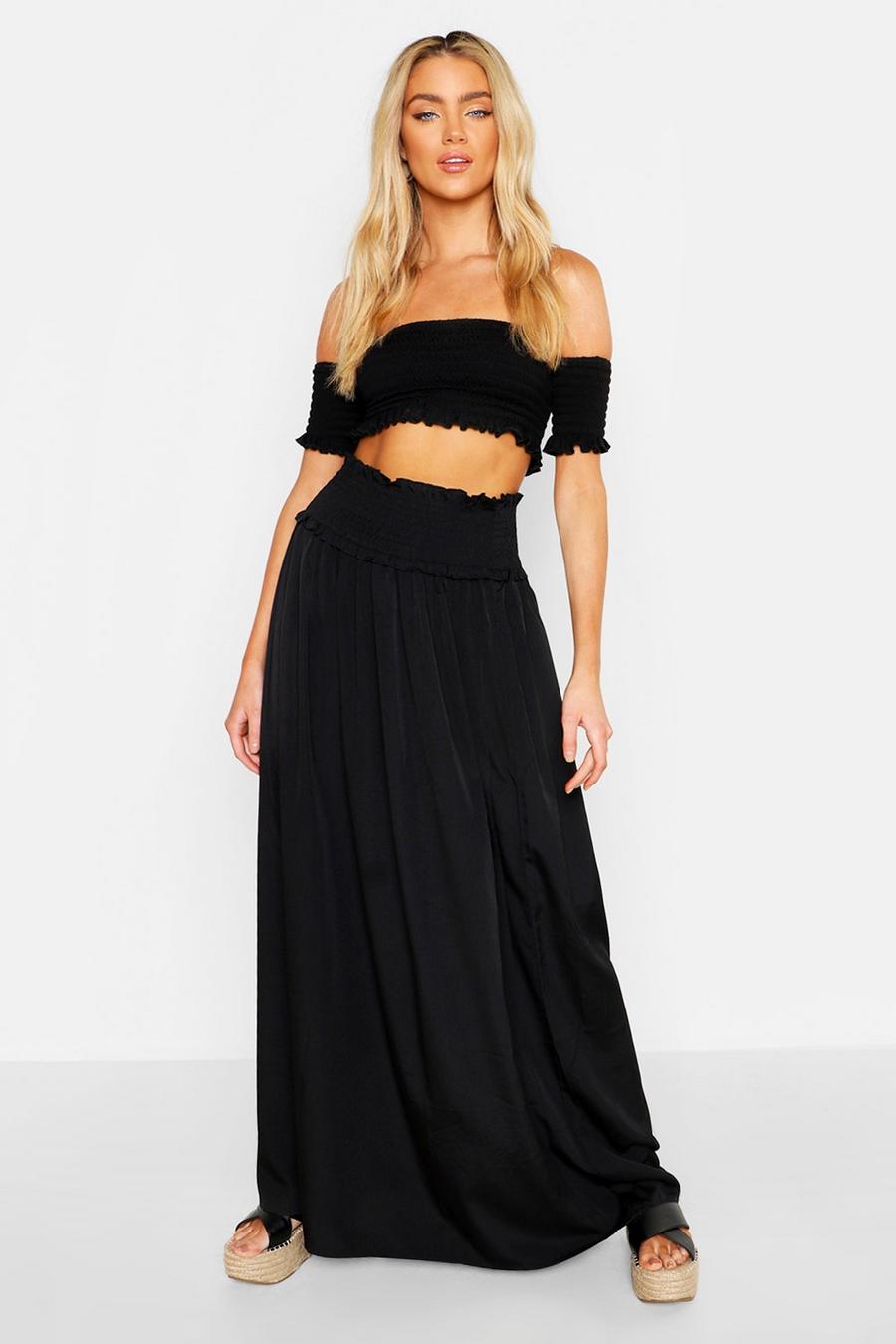 Black Shirred Waist Side Split Maxi Skirt image number 1