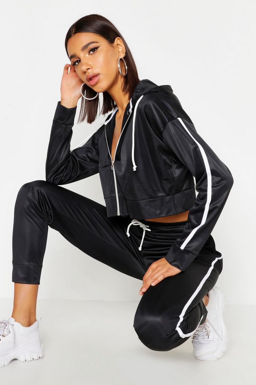 Tricot Hooded Crop Zip Through Side Stripe Tracksuit image number 1