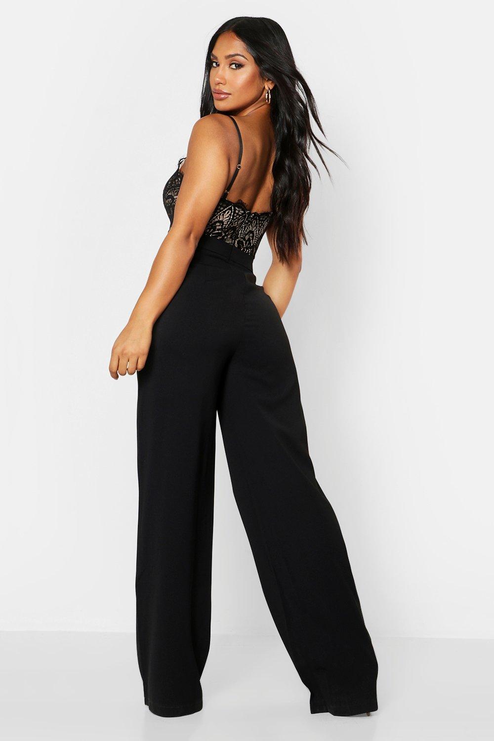 Boohoo black lace store jumpsuit