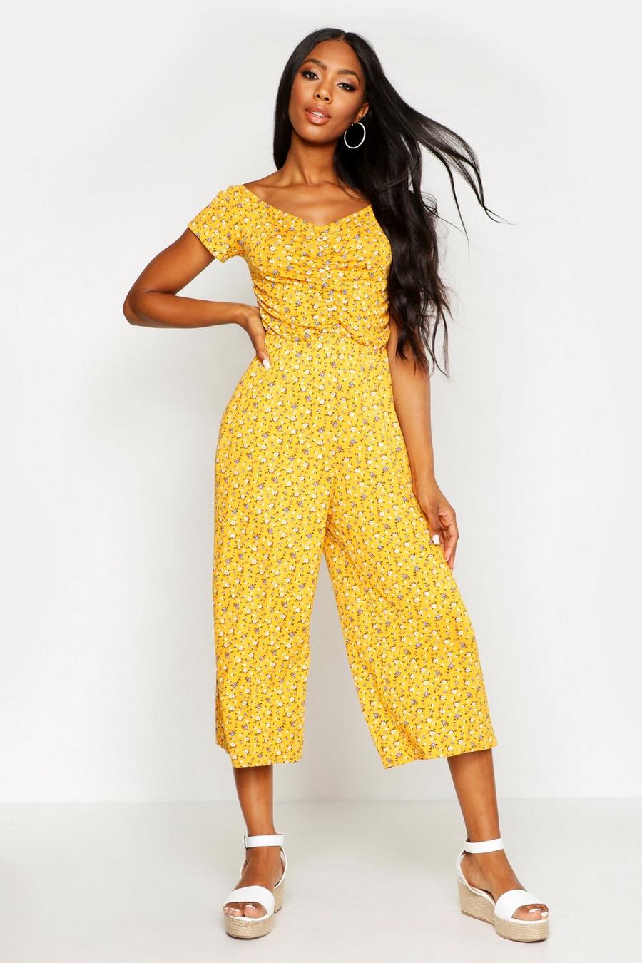 Culottes-Jumpsuit mit Herzausschnitt und Streublüten-Print, Mustard jaune image number 1