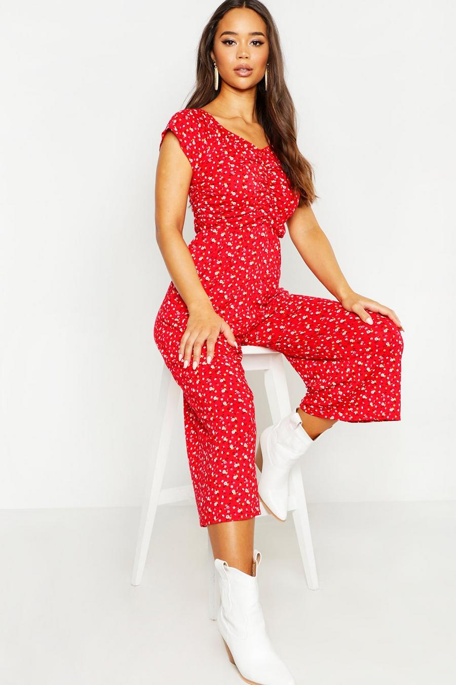 Red Ditsy Floral Sweetheart Culotte Jumpsuit image number 1