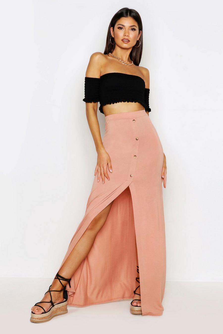 Nude Button Front Split Maxi Skirt image number 1