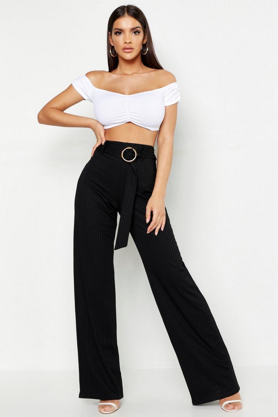 Gerippte High-waist-Hose mit weitem Bein und O-Ring aus Horn image number 1