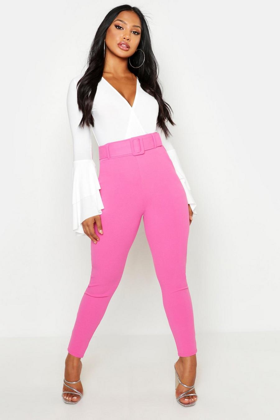 Pink Stretchiga byxor i smal modell med hög midja och bälte image number 1