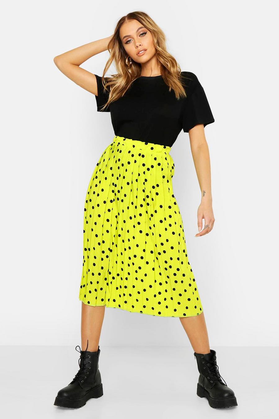 Neon-lime Neon Polka Dot Pleated Midi Skirt image number 1