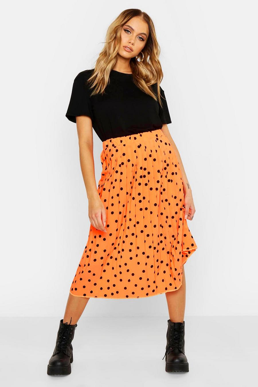 Neon-orange Neon Polka Dot Pleated Midi Skirt image number 1