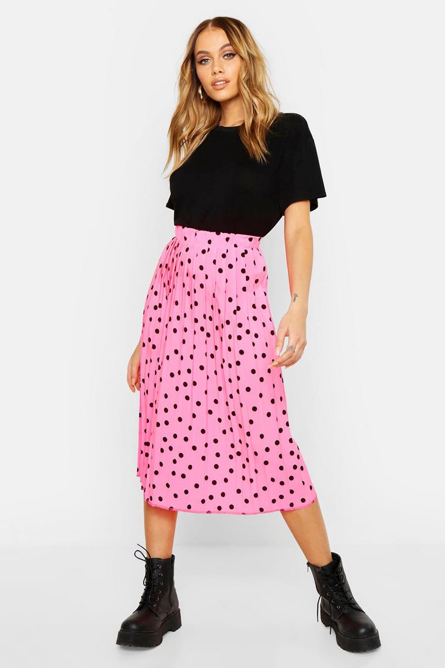 Neon-pink Neon Polka Dot Pleated Midi Skirt image number 1