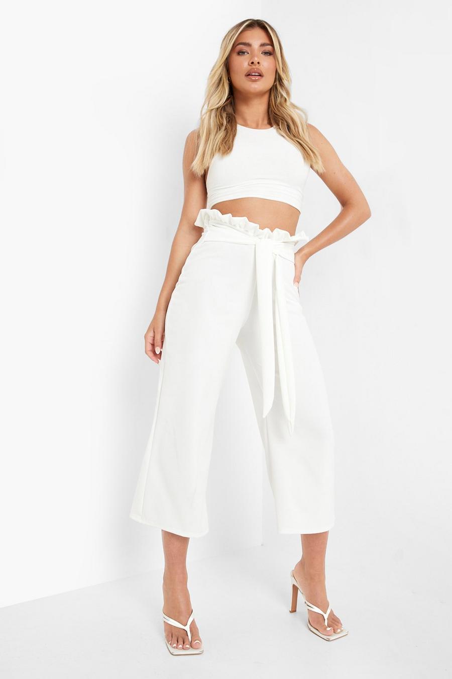 Ivory white Crepe Paperbag Tie Waist Culottes