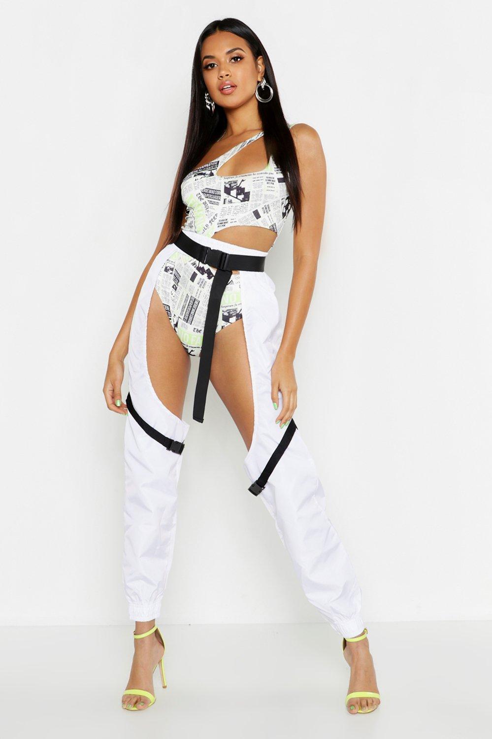 Women's Cut Out High Waist Chaps Cargo Pants Sweatpants Rave