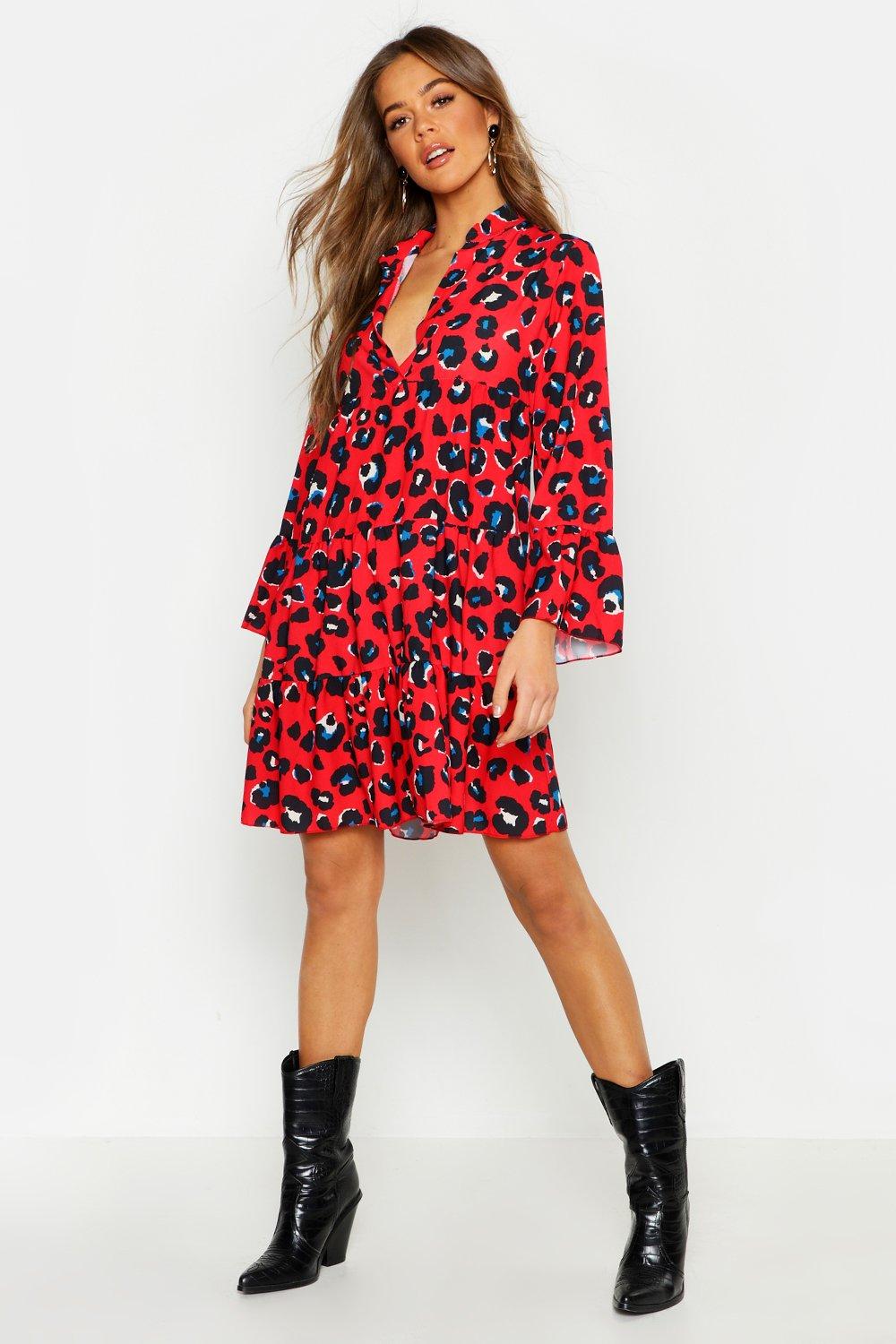 Red leopard print smock hot sale dress