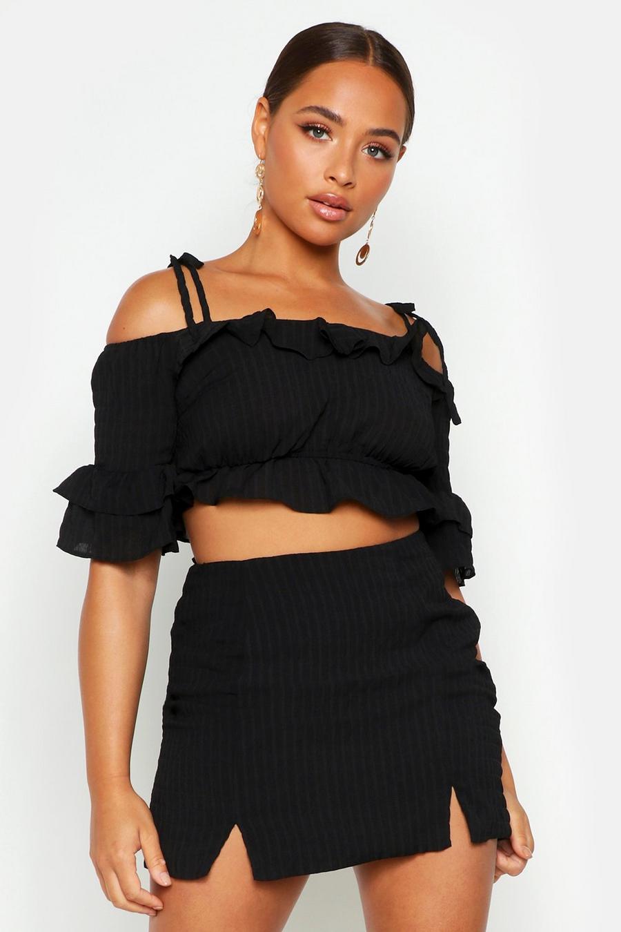 Shirred Ruffle Detail Frill Sleeve Crop Top image number 1