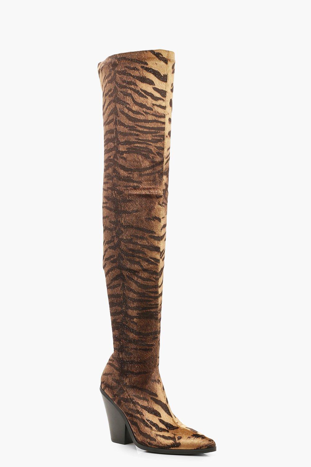 Tiger Print Knee High Cowboy Boots 
