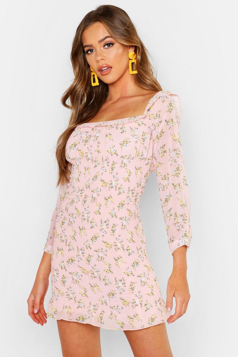 Gesmoktes Kleid aus Webstoff mit Bardot-Ausschnitt und Blumen-Print image number 1