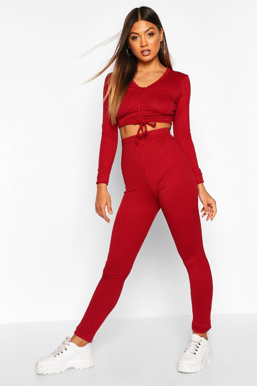 Berry Rib Tie Drawstring Top And Legging Co-Ord Set image number 1