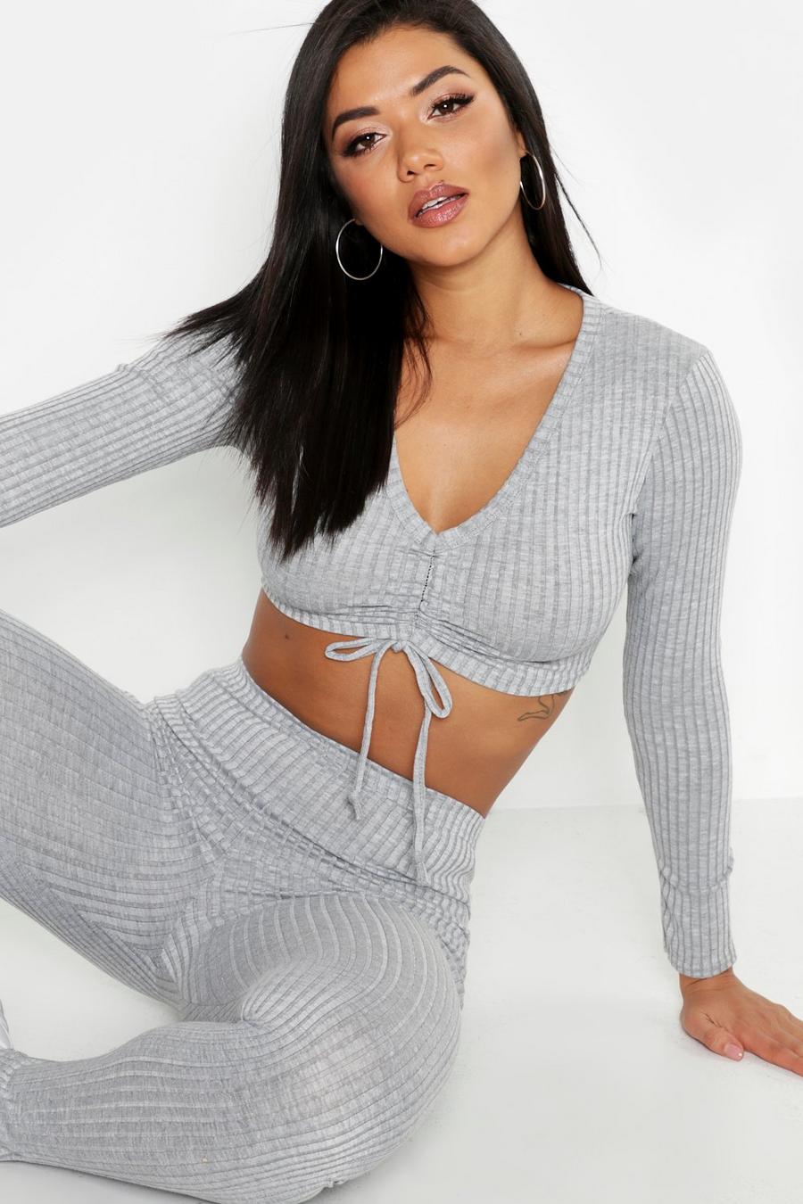 Rib Tie Drawstring Top and Legging Co-Ord Set, Gris chiné image number 1
