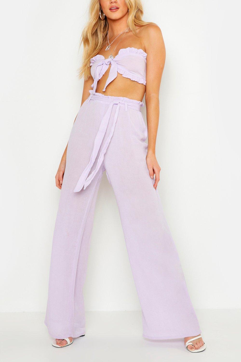 Frilled high waist clearance belted wide leg pants