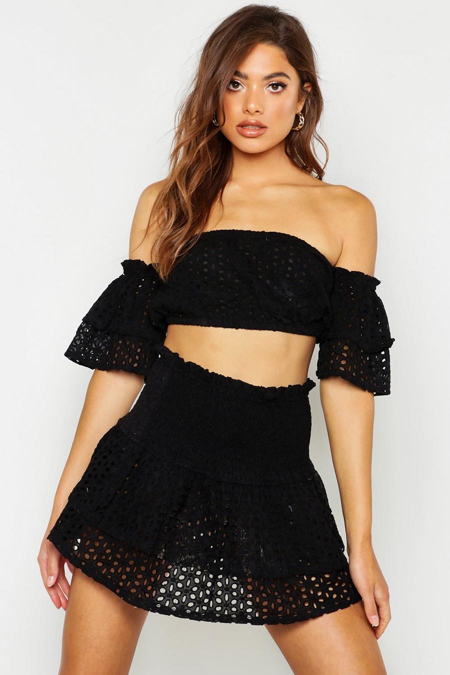 Eyelet Ruffle Sleeve Off The Shoulder & Mini Skirt Two-Piece image number 1