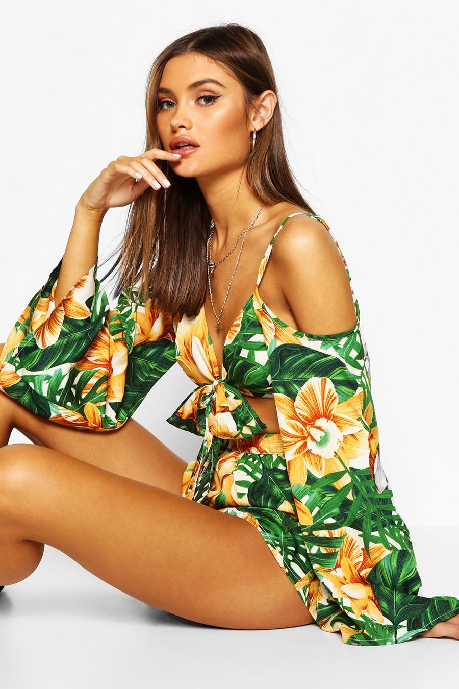 Tropical Print Flared Sleeve Wrap Top & Shorts image number 1
