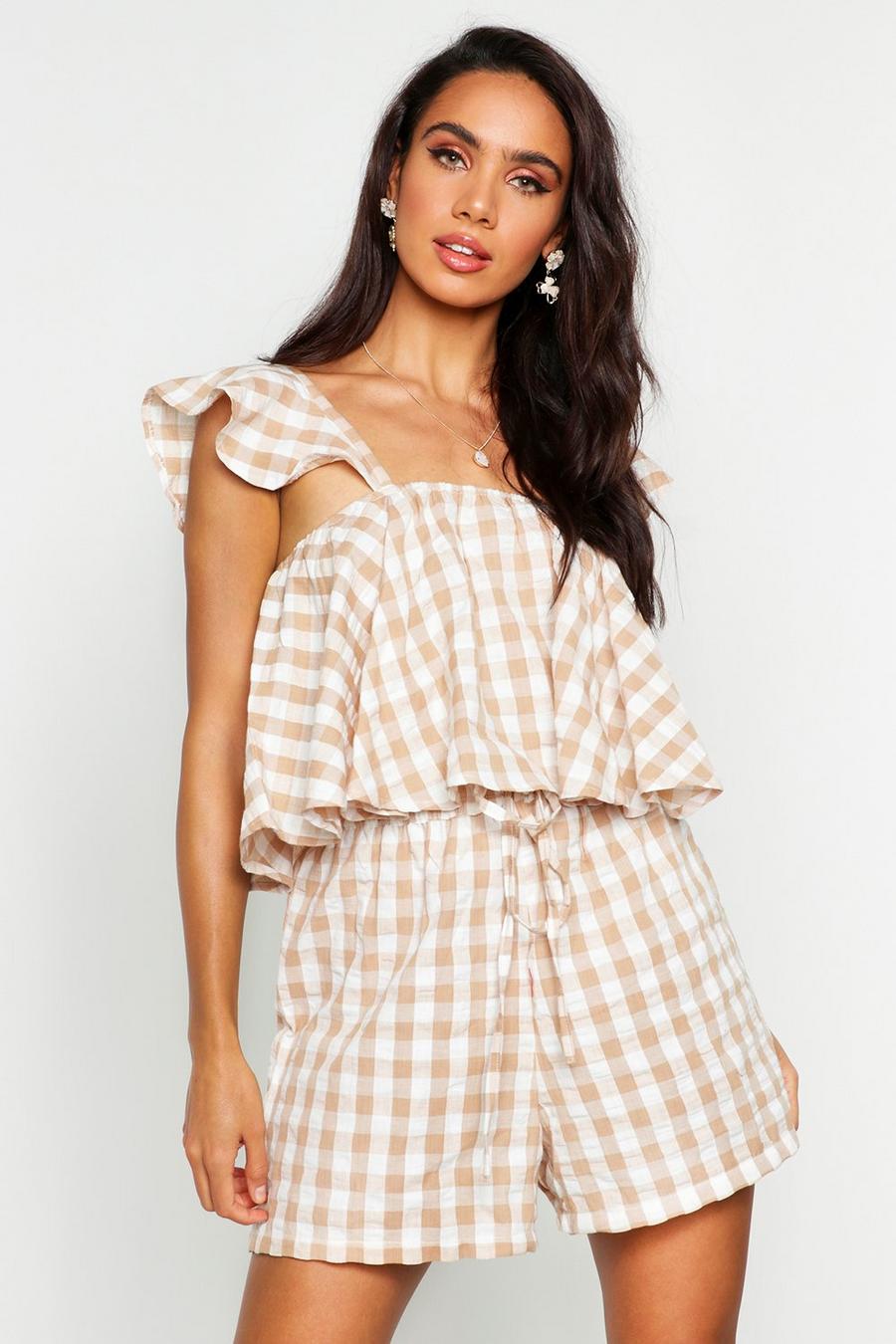 Stone beis Frill Sleeve Gingham Top & Short Co-ord image number 1