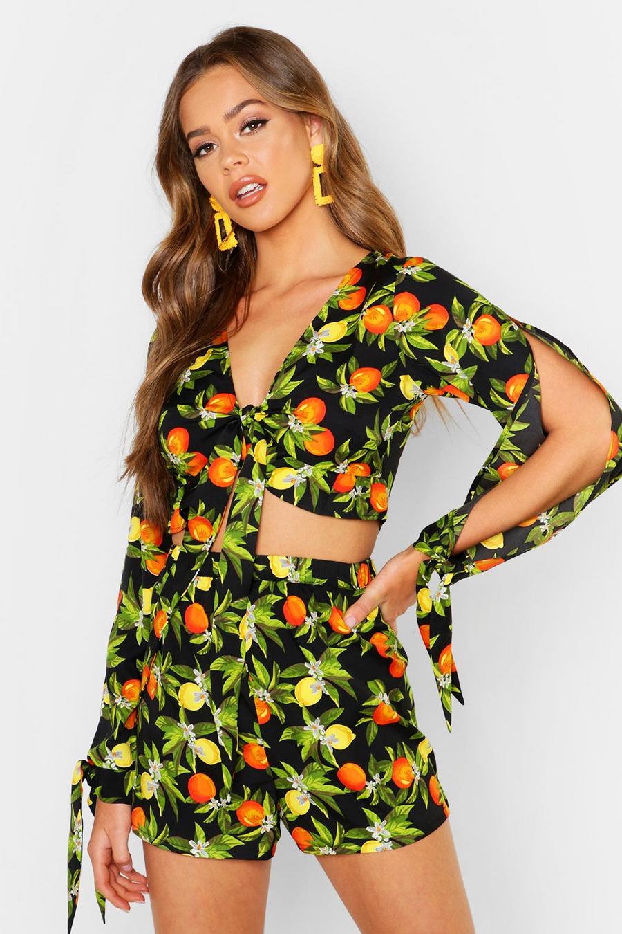 Fruit Print Tie Front Top & Flippy Short Two-Piece image number 1