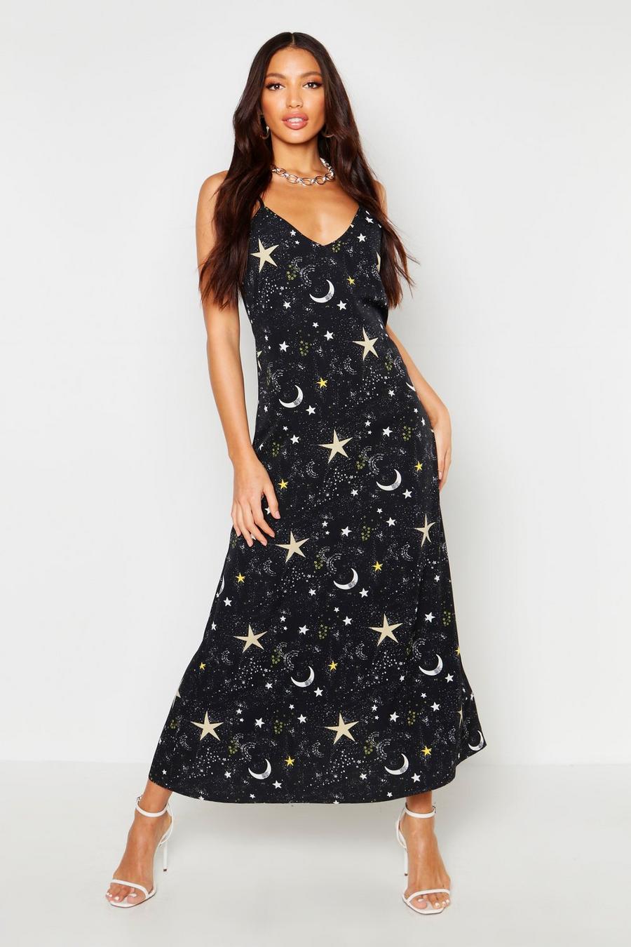 Black Cosmic Print Woven Slip Maxi Dress image number 1