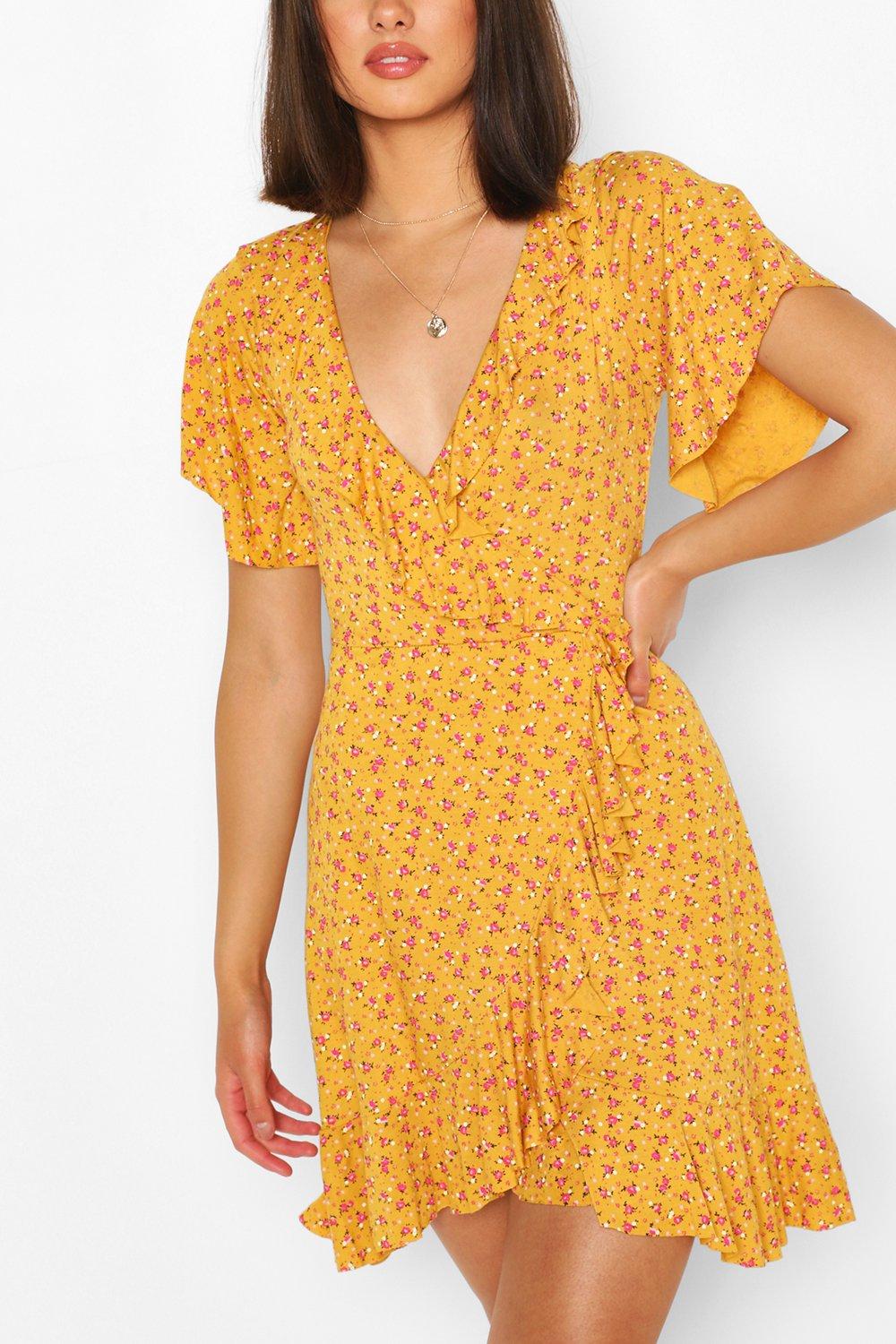 Women's Ditsy Floral Wrap Ruffle Tea Dress | Boohoo UK